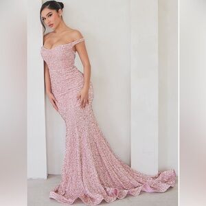Fashion nova rose gold pink sequins sweetheart off shoulder maxi gown